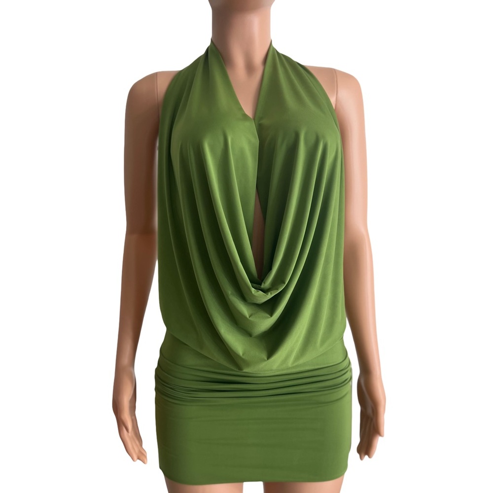 Army Sage Green Backless Drape Halter Dress Sexy Made in USA